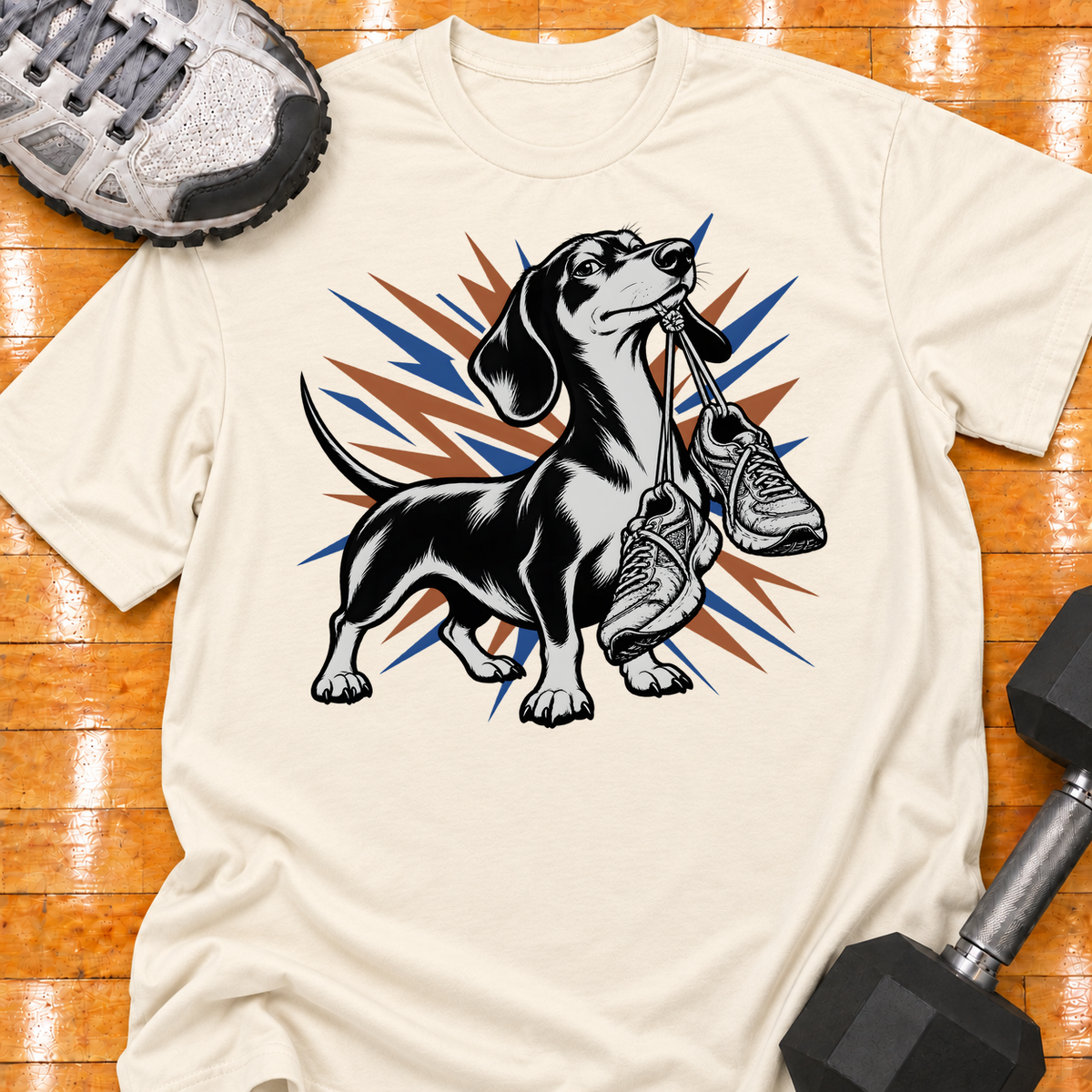Dachshund old training shoes tied together - Natural - HMTC approved v02 template mockup v05
