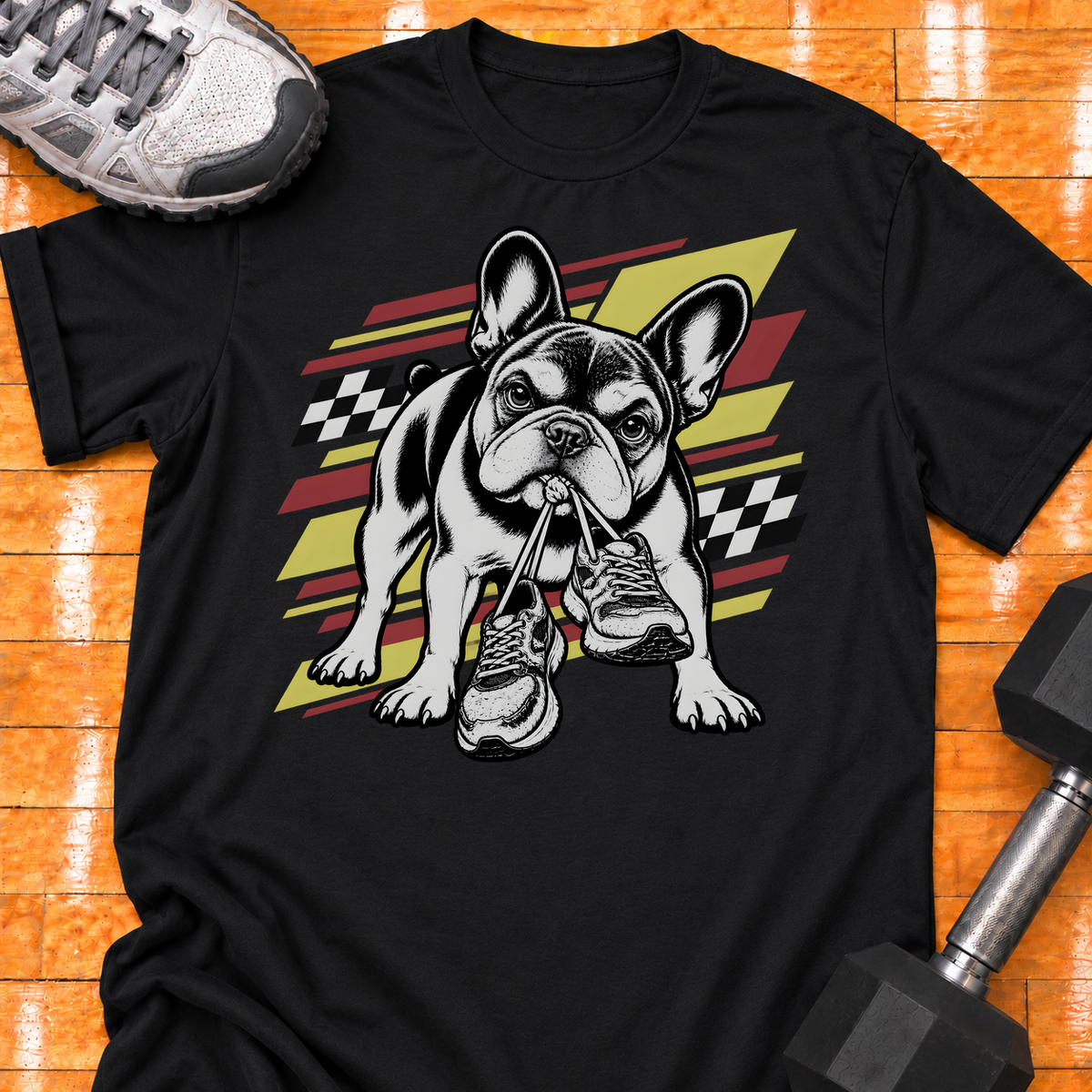 French Bulldog old training shoes tied together - Black - HMTC approved v02 template mockup v05