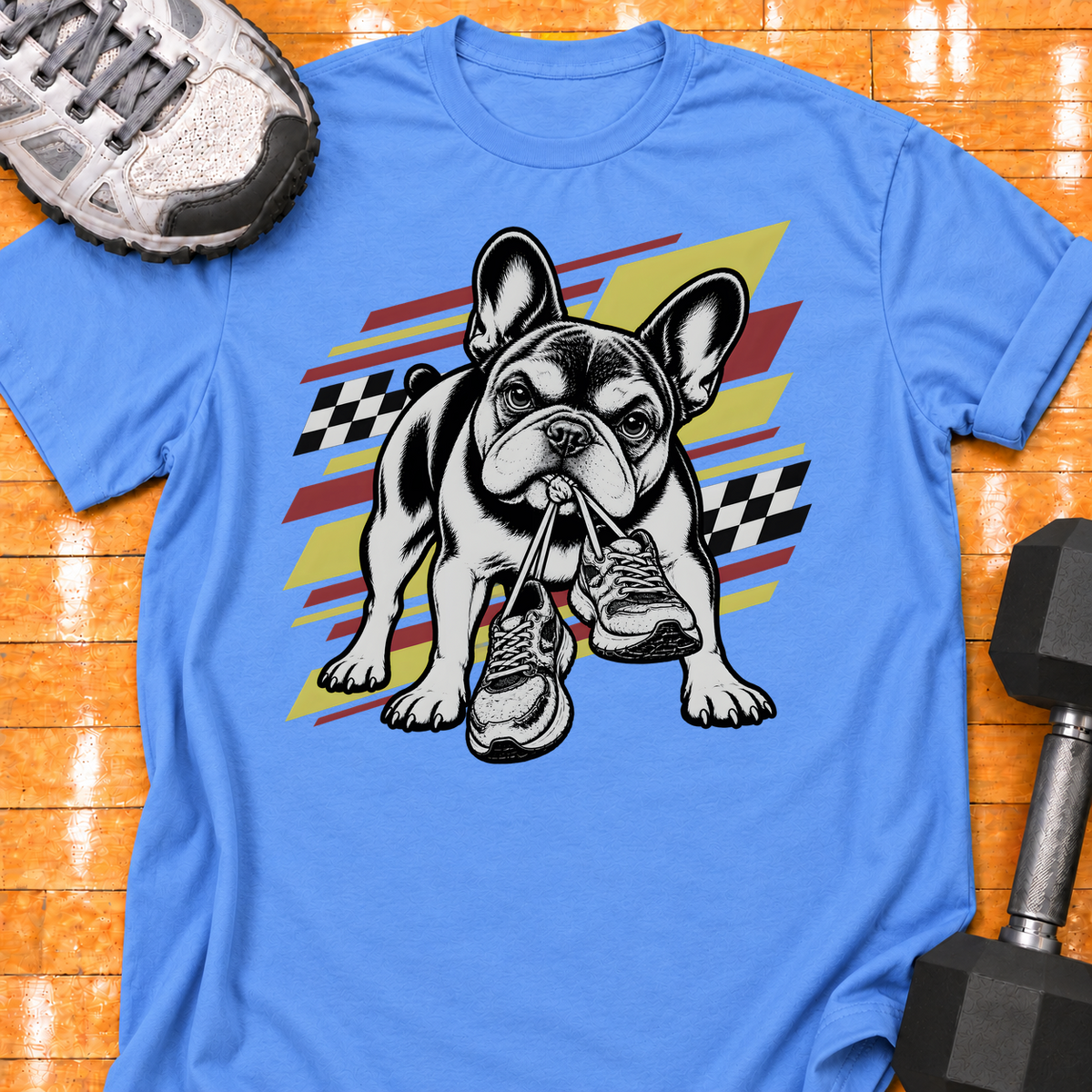 French Bulldog old training shoes tied together - Carolina Blue - HMTC approved v02 template mockup v05