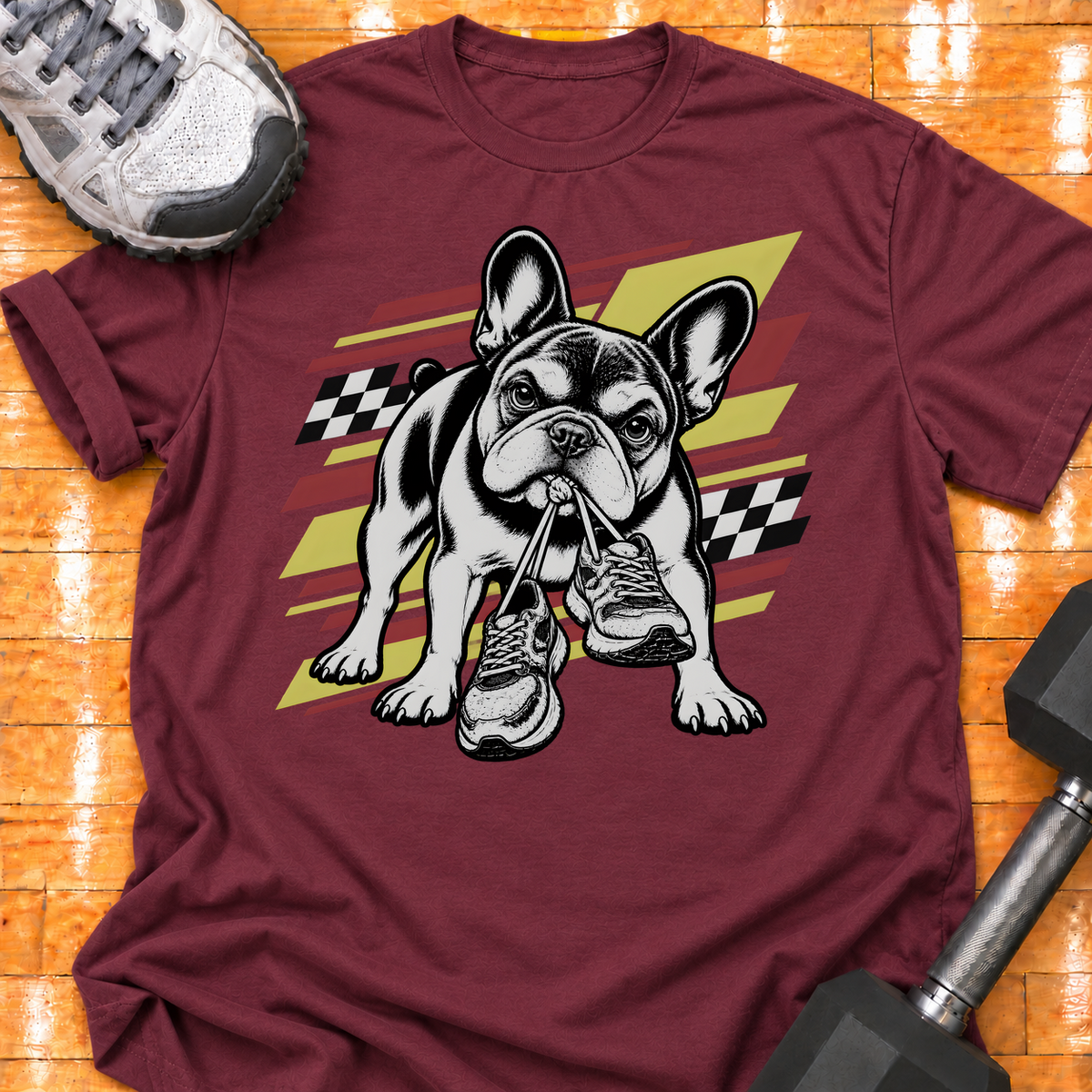 French Bulldog old training shoes tied together - Maroon - HMTC approved v02 template mockup v05