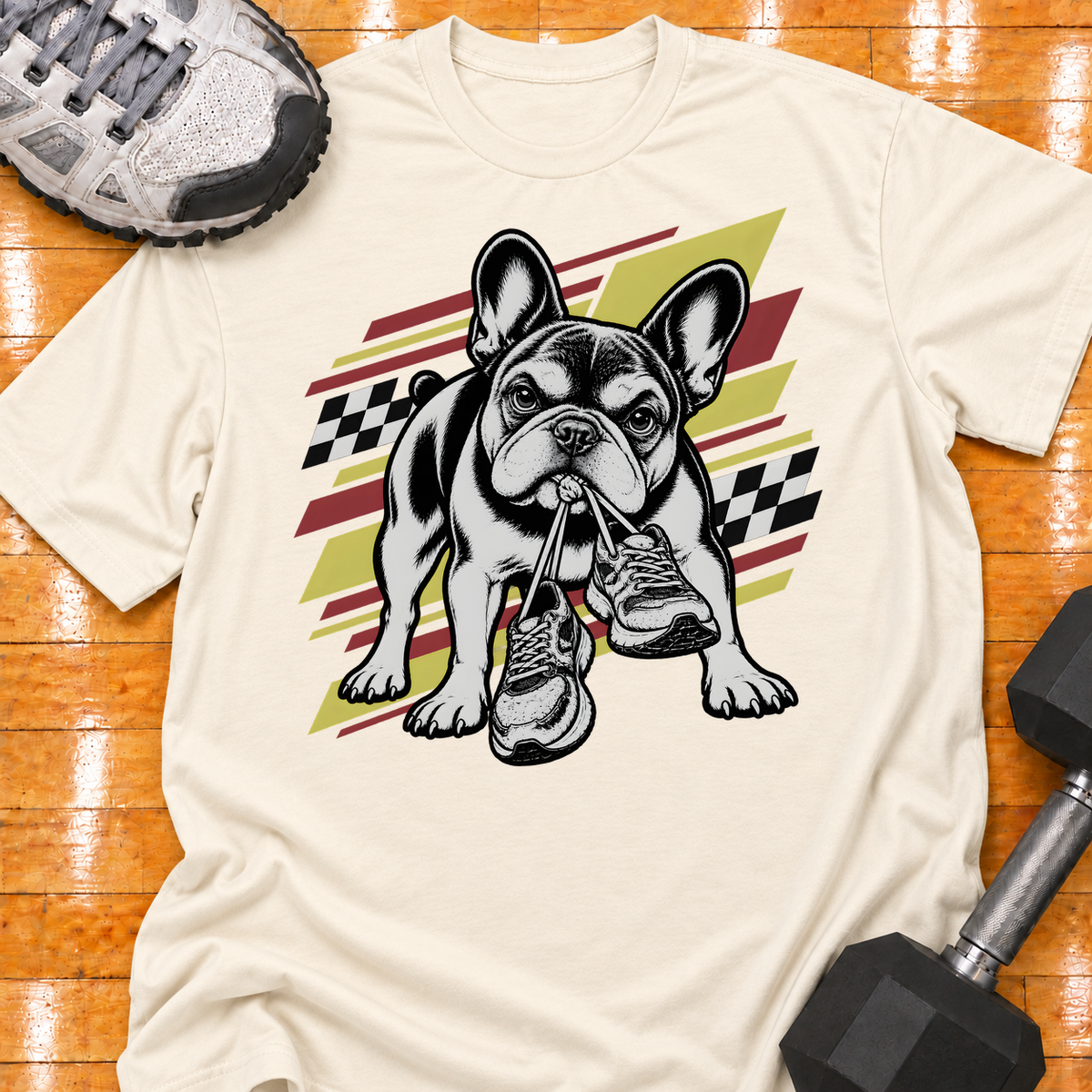 French Bulldog old training shoes tied together - Natural - HMTC approved v02 template mockup v05