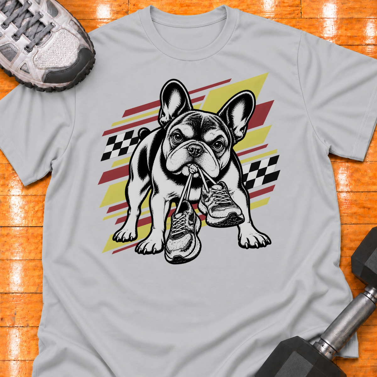 French Bulldog old training shoes tied together - Sport Grey - HMTC approved v02 template mockup v05