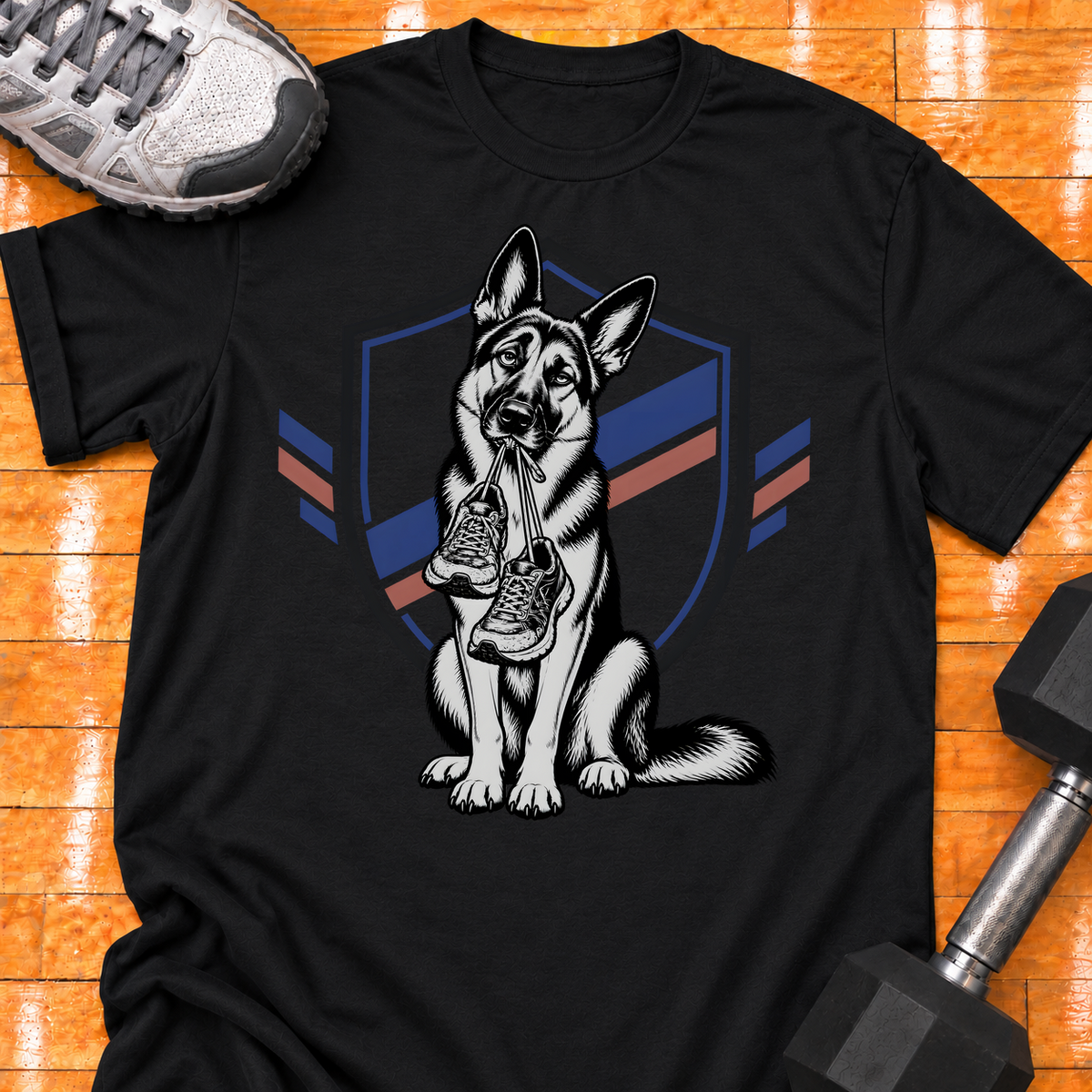 German Shepherd old training shoes tied together - Black - HMTC approved v02 template mockup v05