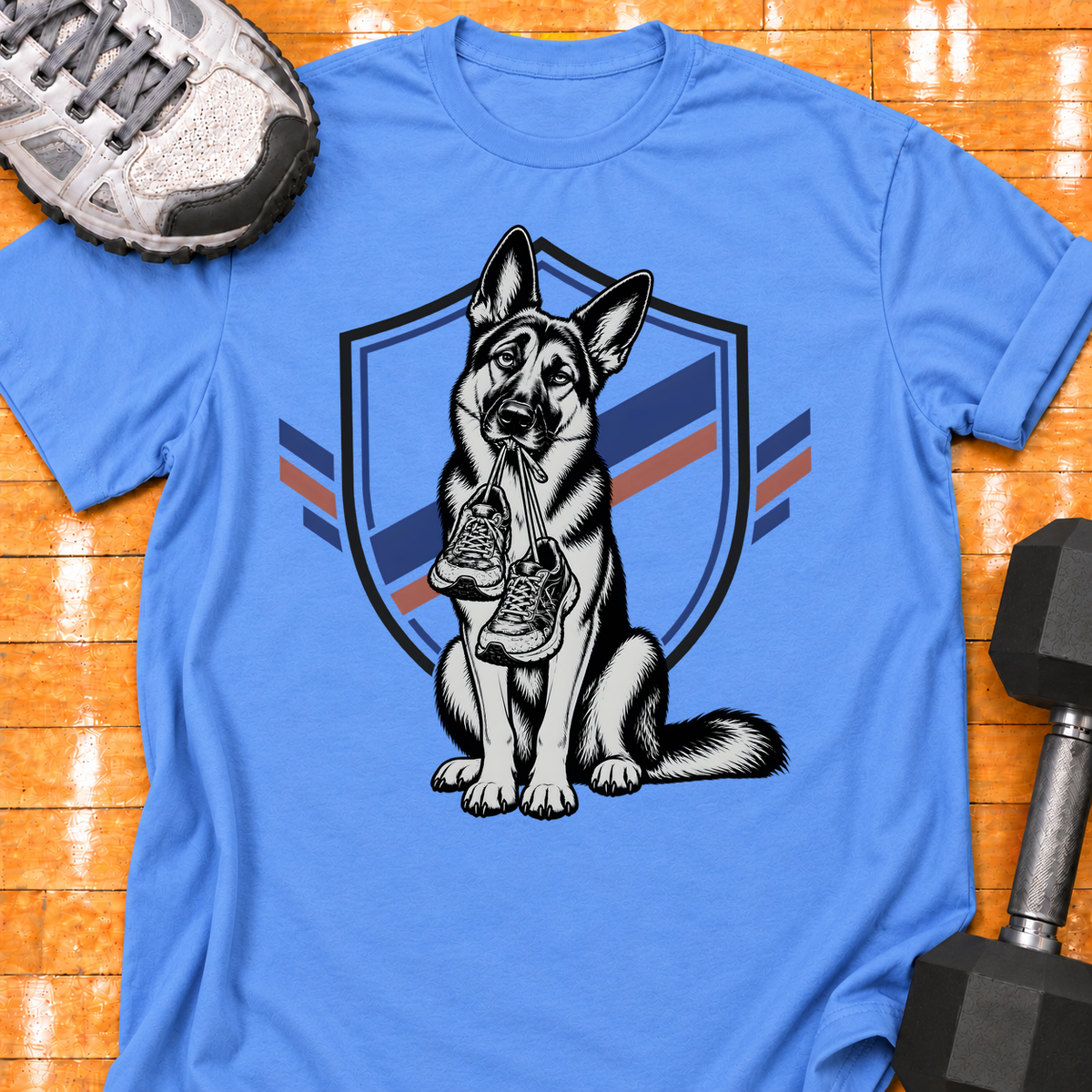 German Shepherd old training shoes tied together - Carolina Blue - HMTC approved v02 template mockup v05
