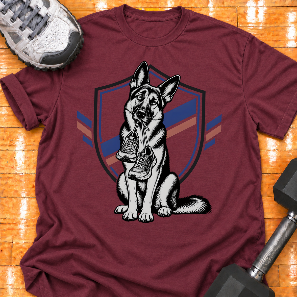 German Shepherd old training shoes tied together - Maroon - HMTC approved v02 template mockup v05