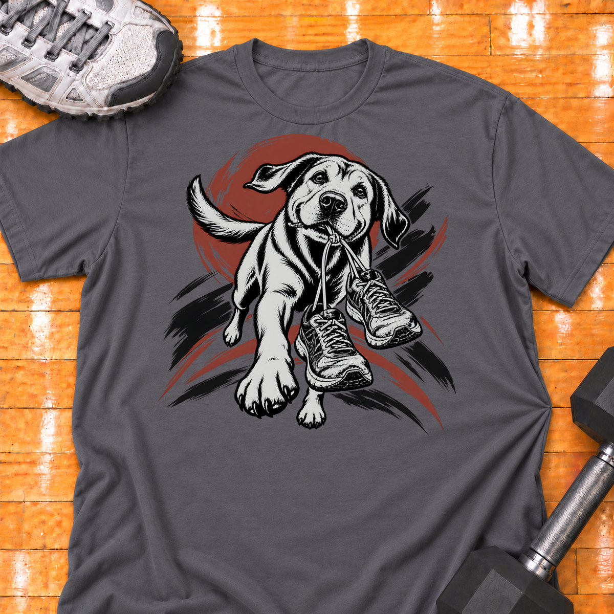 Labrador Retriever old training shoes tied together - Charcoal - HMTC approved v02 template mockup v05