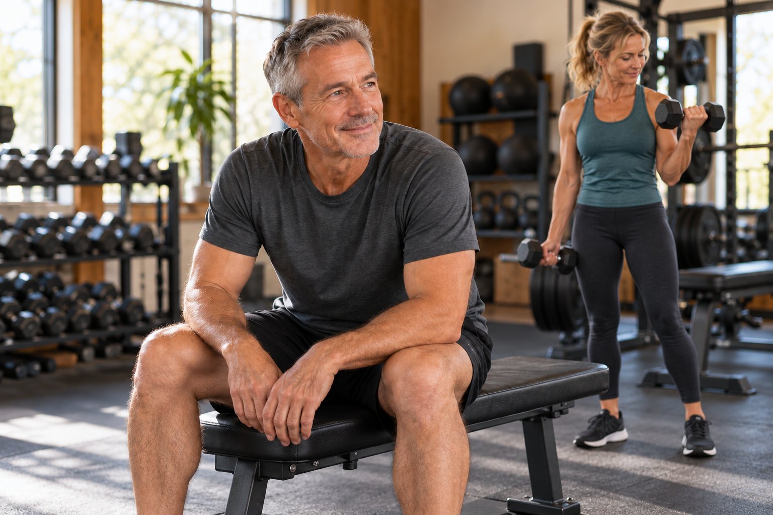 A man taking a breather on a gym bench while a woman performs dumbbell curls behind him.